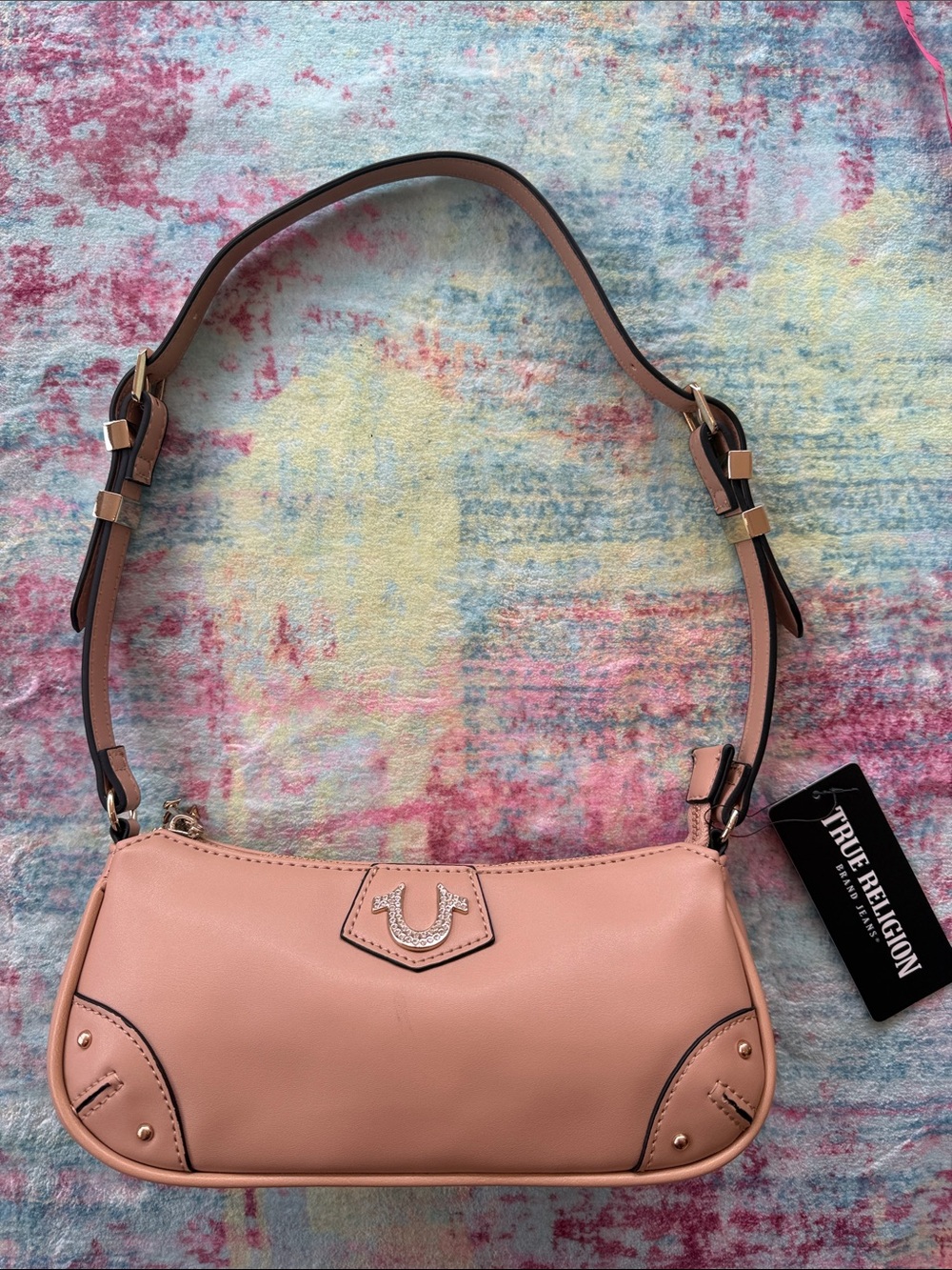 True Religion Blush Pink Leather Shoulder Bag with Silver Logo